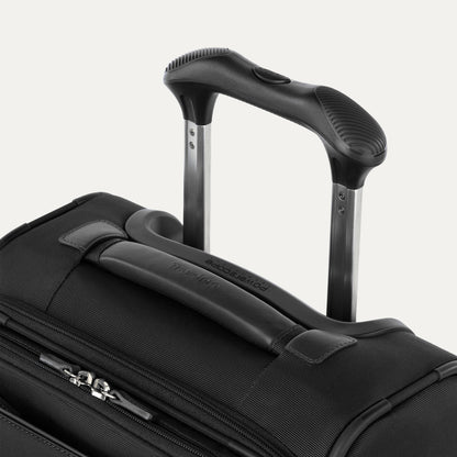 Close-up of the Travelpro® VersaPack®+ carry-on expandable spinner with extended handle.