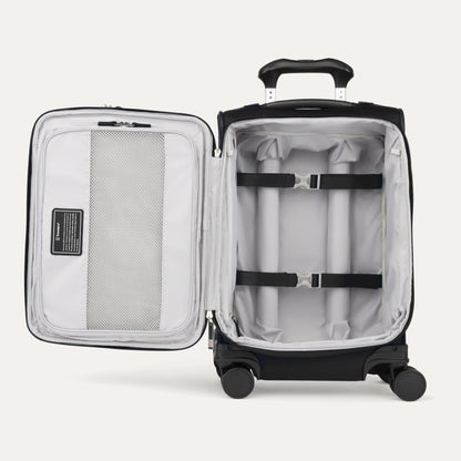 Travelpro® VersaPack®+ black carry-on spinner: expandable, gray interior, mesh pocket, straps, 4 wheels.