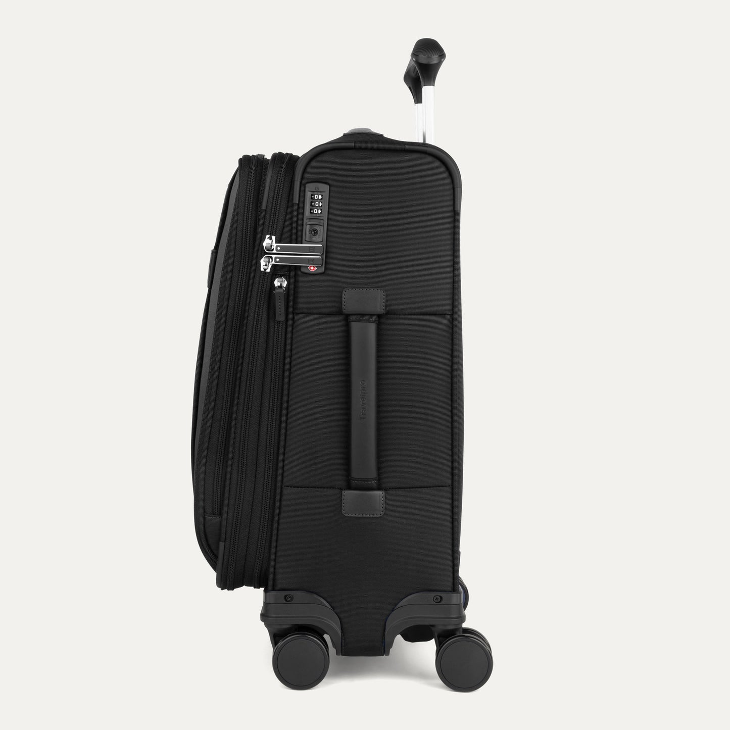 Travelpro® VersaPack®+ Carry-on Spinner, black, side view with zipper, handle & TSA lock - ONLINE ONLY.