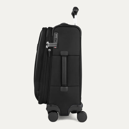Travelpro® VersaPack®+ Carry-on Spinner, black, side view with zipper, handle & TSA lock - ONLINE ONLY.