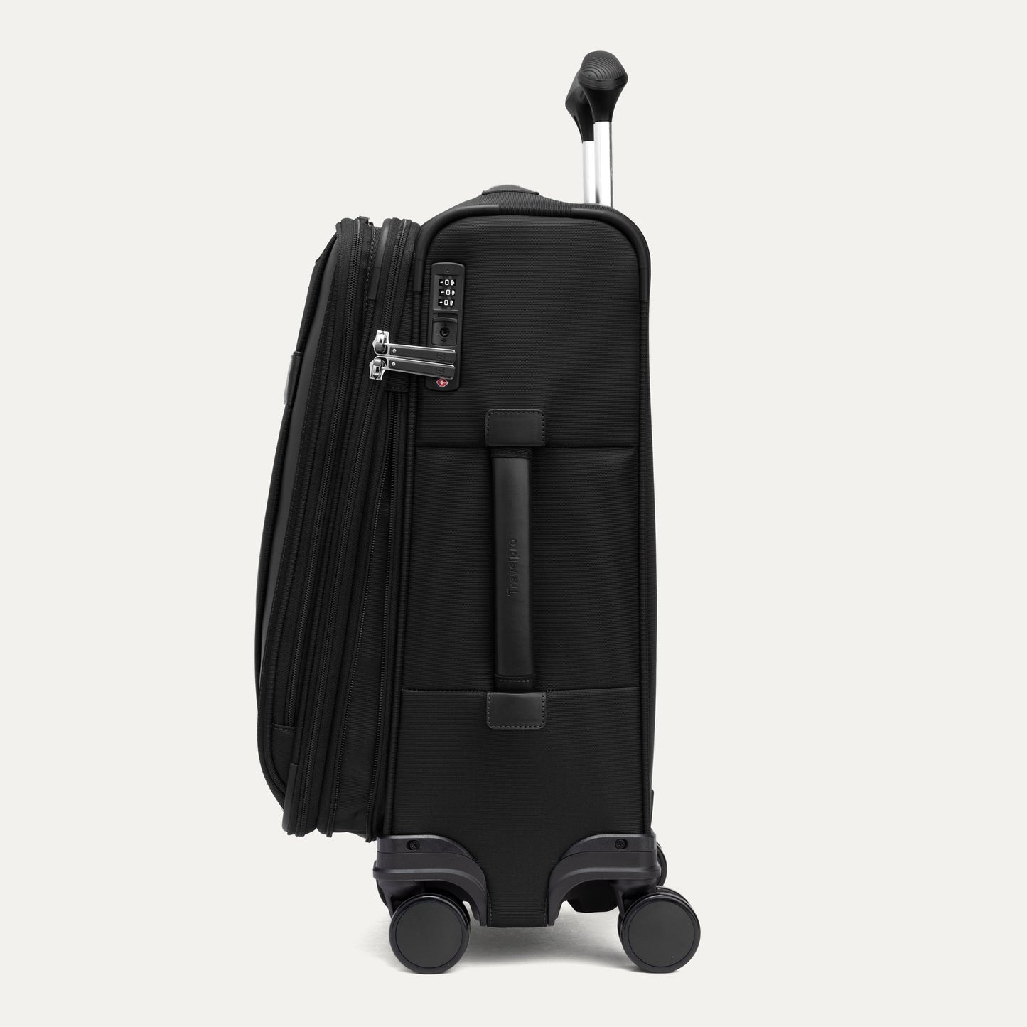 Travelpro VersaPack+ black expandable carry-on spinner with 4 wheels, TSA lock, and extended handle.