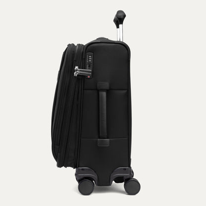 Travelpro VersaPack+ black expandable carry-on spinner with 4 wheels, TSA lock, and extended handle.