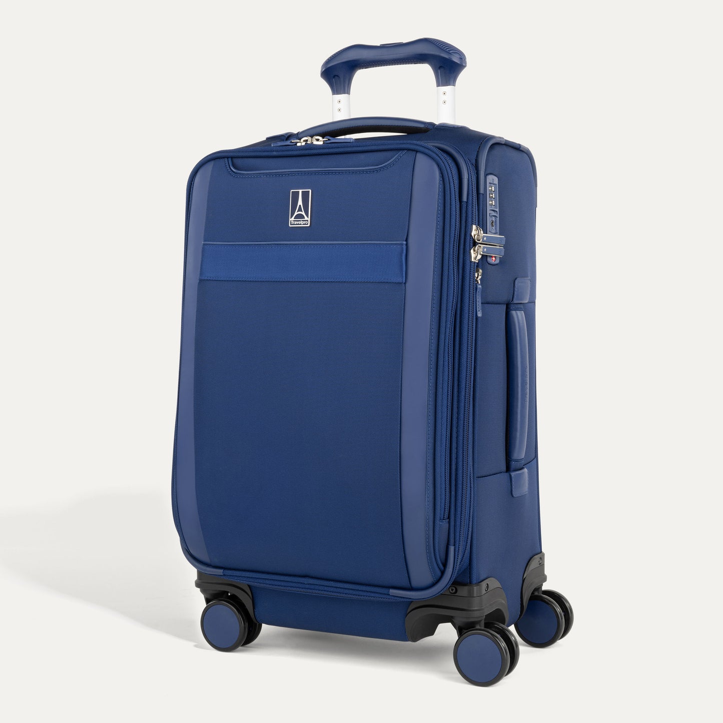 Travelpro VersaPack+ blue carry-on spinner with 4 wheels, TSA lock, and retractable handle on white background.
