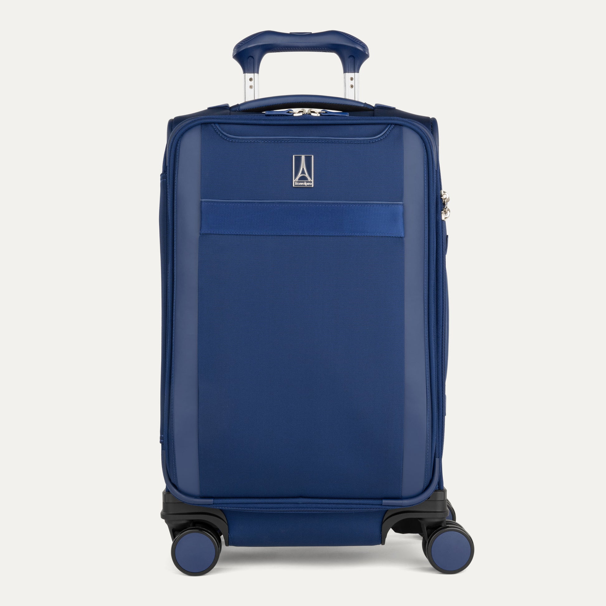 Travelpro® VersaPack®+ blue carry-on spinner with four wheels and telescopic handle, on white background.