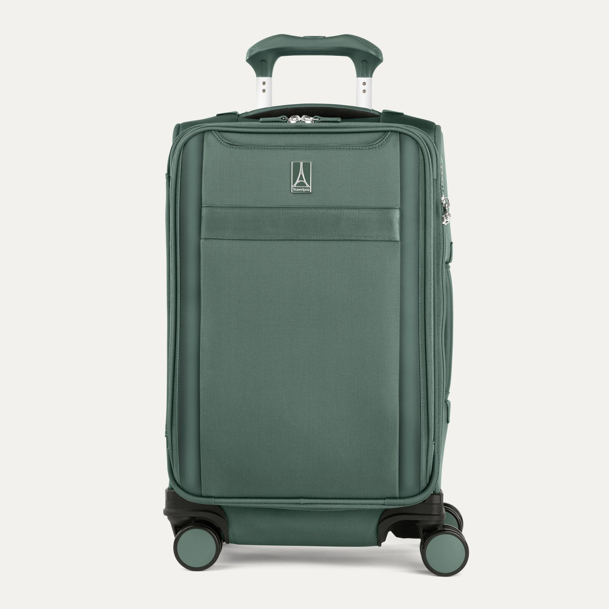 Travelpro® VersaPack®+ Carry-on Expandable Spinner shown with four wheels and handle, on a plain background.