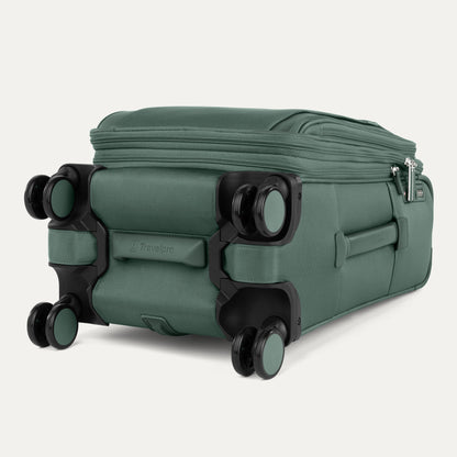 The Travelpro® VersaPack®+ green carry-on spinner shows four wheels and zippered compartments.