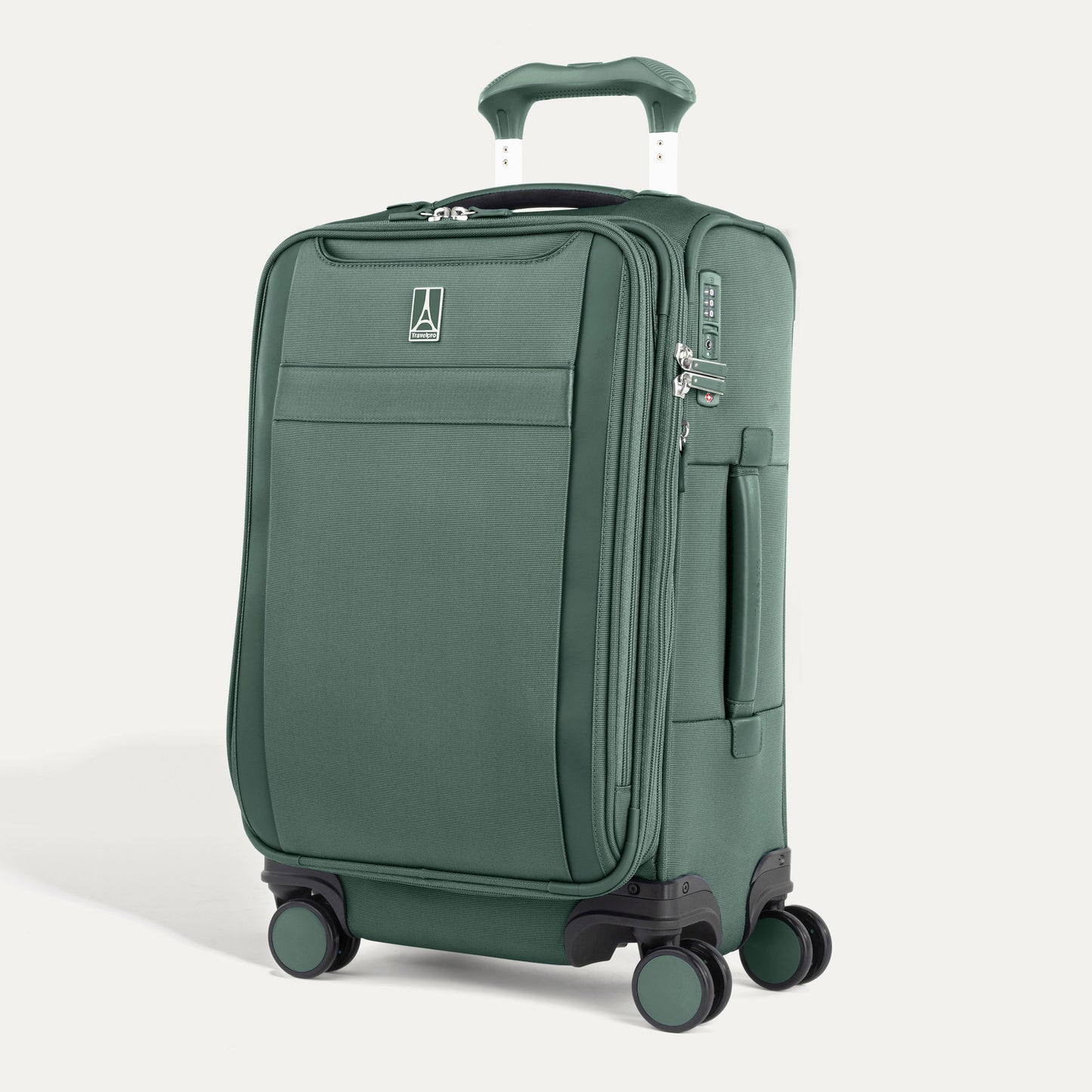 Travelpro® VersaPack®+ green carry-on spinner, four wheels, telescopic handle, front pocket, zipper closure.