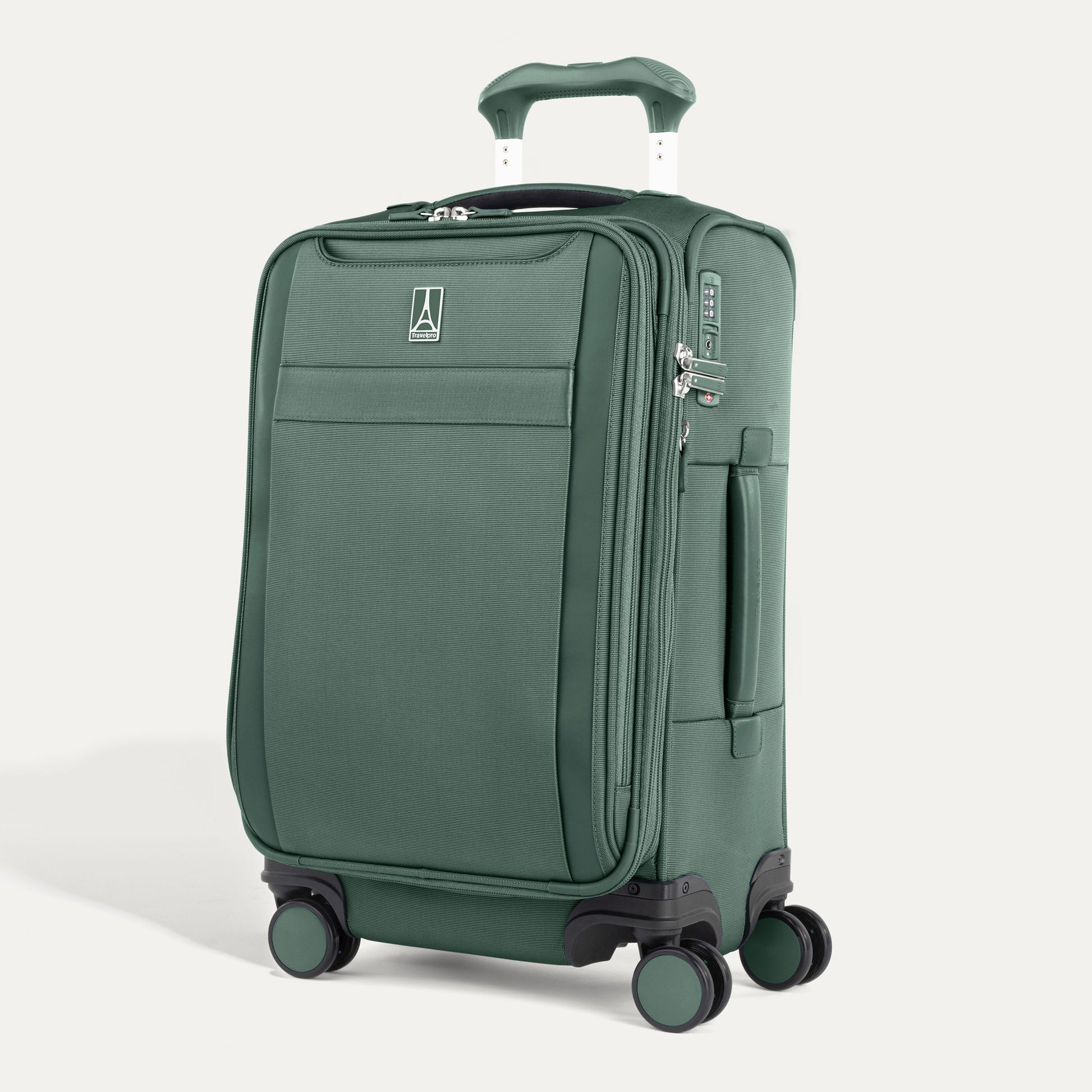 Travelpro® VersaPack®+ green carry-on spinner, four wheels, telescopic handle, front pocket, zipper closure.