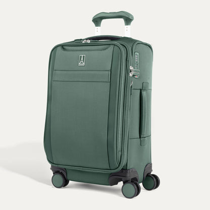 Travelpro® VersaPack®+ green carry-on spinner, four wheels, telescopic handle, front pocket, zipper closure.