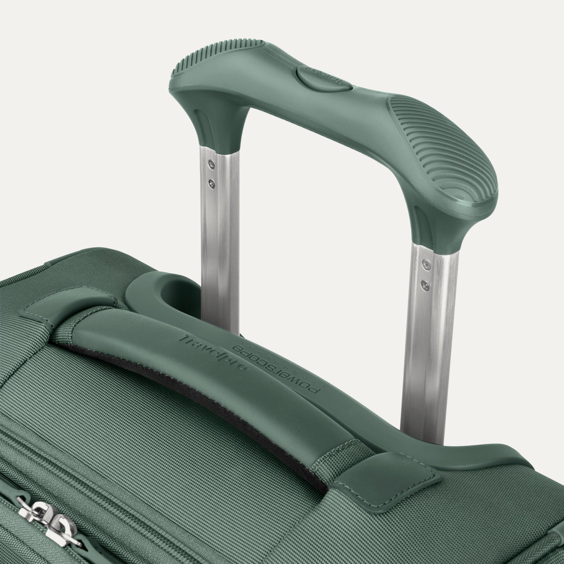 Close-up of the Travelpro VersaPack+ Carry-on Expandable Spinner with telescoping handle and TSA lock.