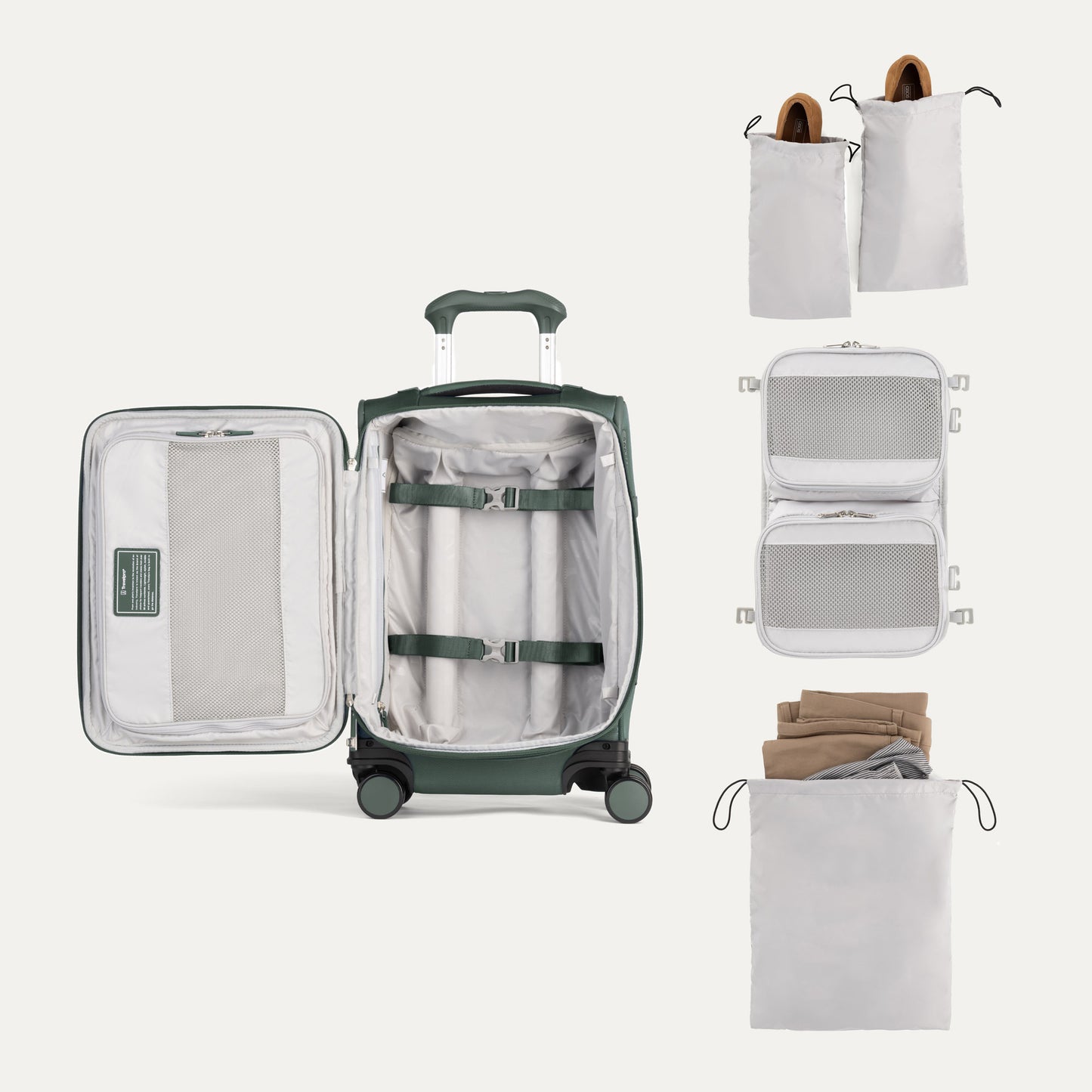 The Travelpro VersaPack+ Carry-on Spinner features straps, mesh pocket, cube organizer, and shoe bags.