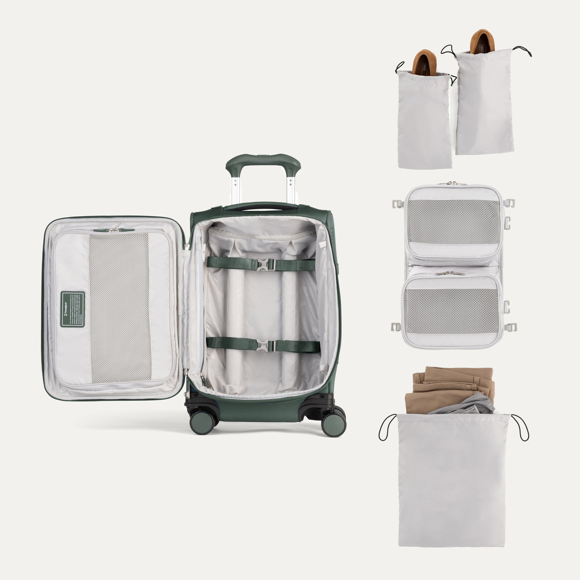 The Travelpro VersaPack+ Carry-on Spinner features straps, mesh pocket, cube organizer, and shoe bags.