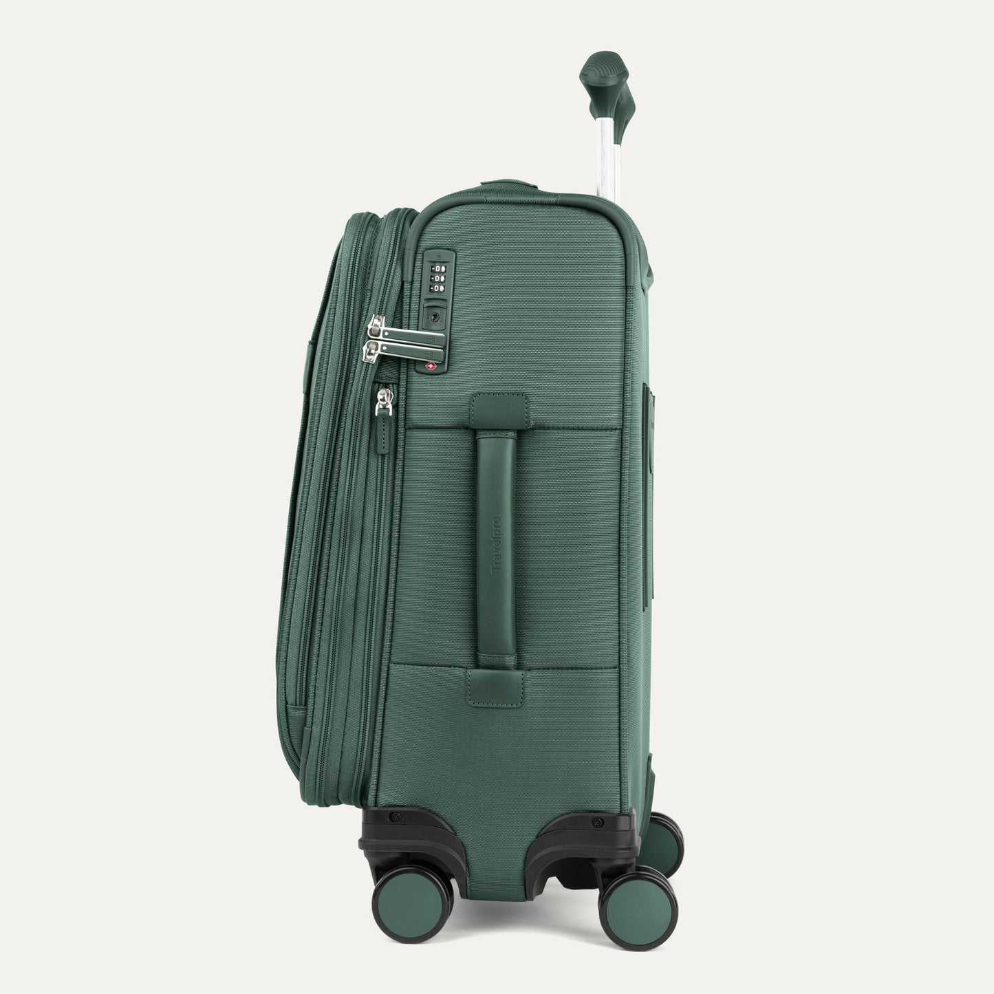 Travelpro® VersaPack®+ green expandable carry-on spinner shown side view with zipper and telescopic handle.