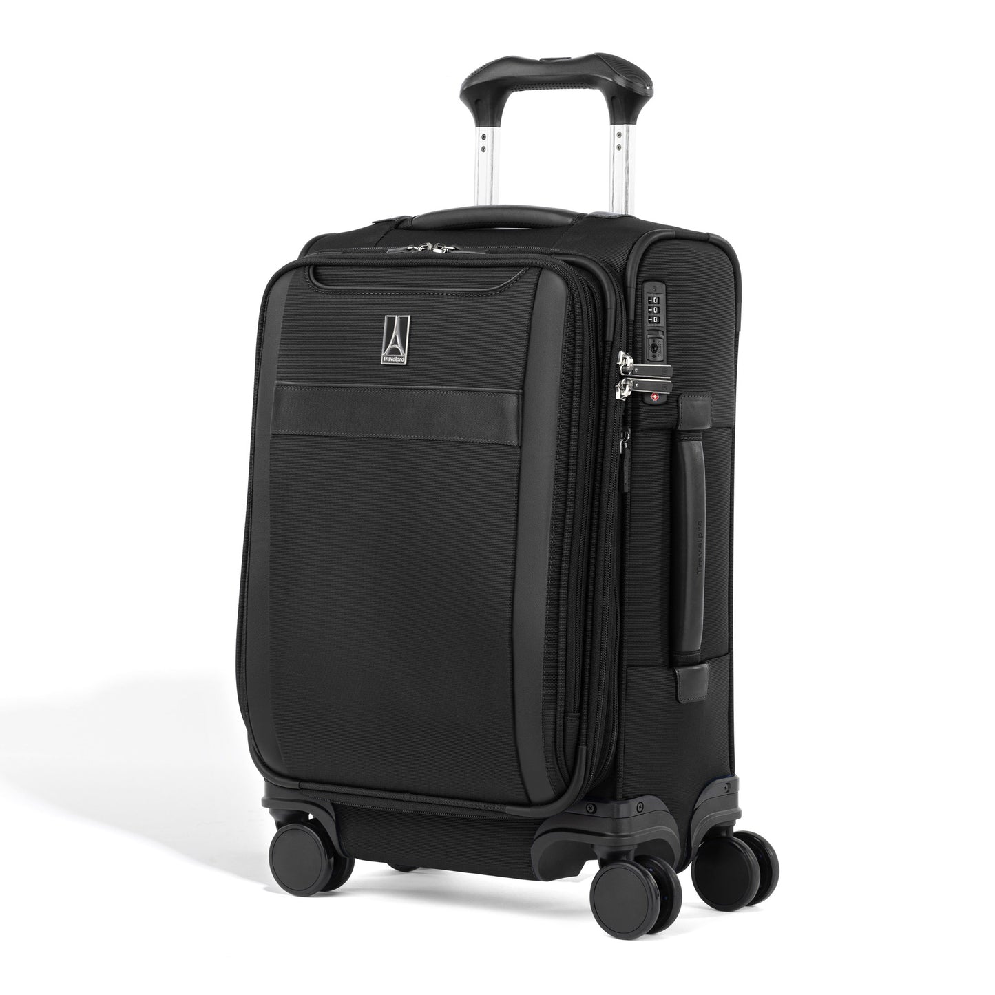 The Travelpro® VersaPack®+ Compact Carry-on Spinner features 4 wheels, front pocket, and telescoping handle.