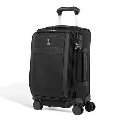 The Travelpro® VersaPack®+ Compact Carry-on Spinner features 4 wheels, front pocket, and telescoping handle.