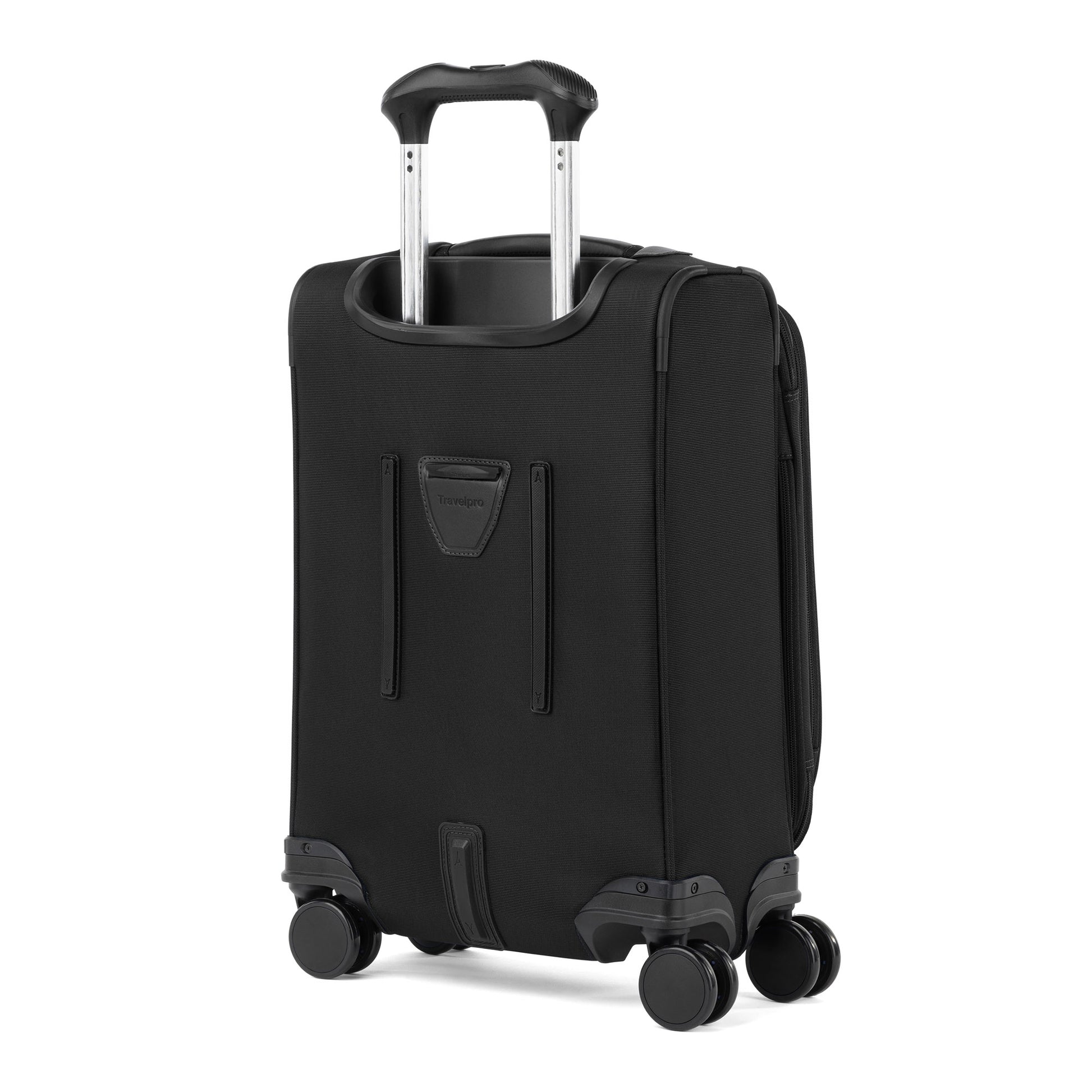 Travelpro® VersaPack®+ Compact Carry-on Spinner with 4 wheels and telescopic handle, shown on white.