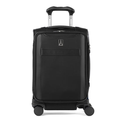 Travelpro® VersaPack®+ Compact Carry-on Spinner with four wheels and telescopic handle, shown on white.