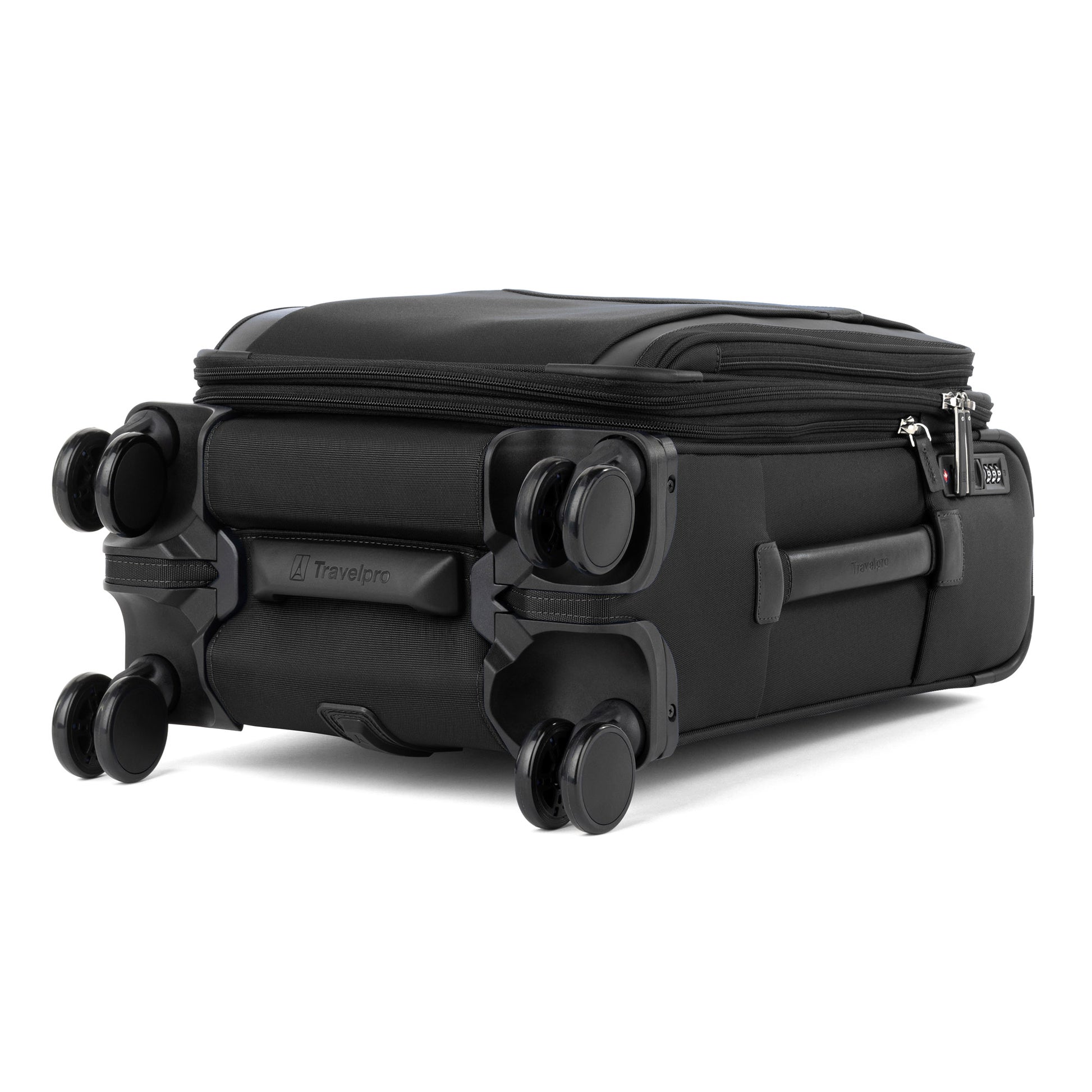 Travelpro VersaPack+ Compact Carry-on Spinner: four double wheels, expandable, with zipper for easy packing.