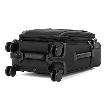 Travelpro VersaPack+ Compact Carry-on Spinner: four double wheels, expandable, with zipper for easy packing.