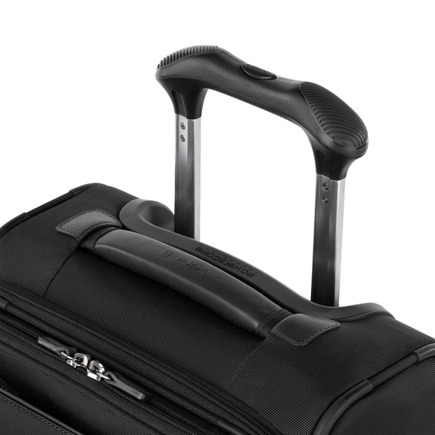 Close-up of Travelpro® VersaPack®+ Compact Carry-on Expandable Spinner with extended handle and zipper compartment.