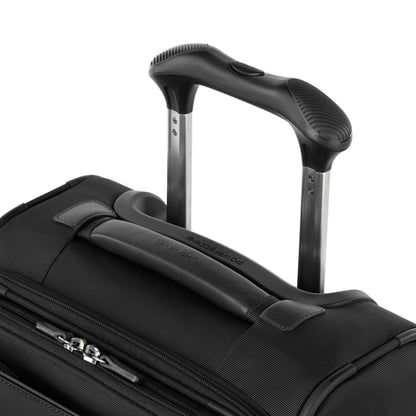 Close-up of Travelpro® VersaPack®+ Compact Carry-on Expandable Spinner with extended handle and zipper compartment.