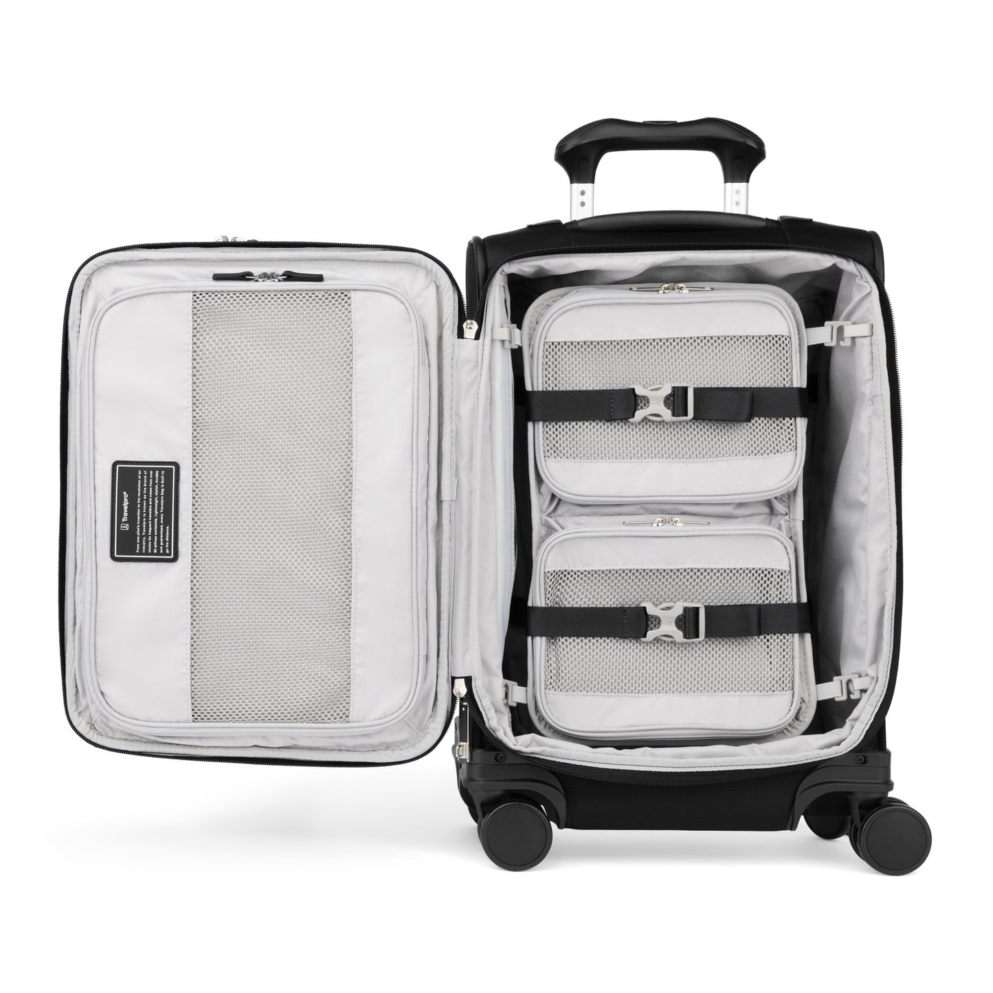 Pack easily with Travelpro® VersaPack®+ Compact Carry-on Spinner—organizer and mesh pockets maximize space.