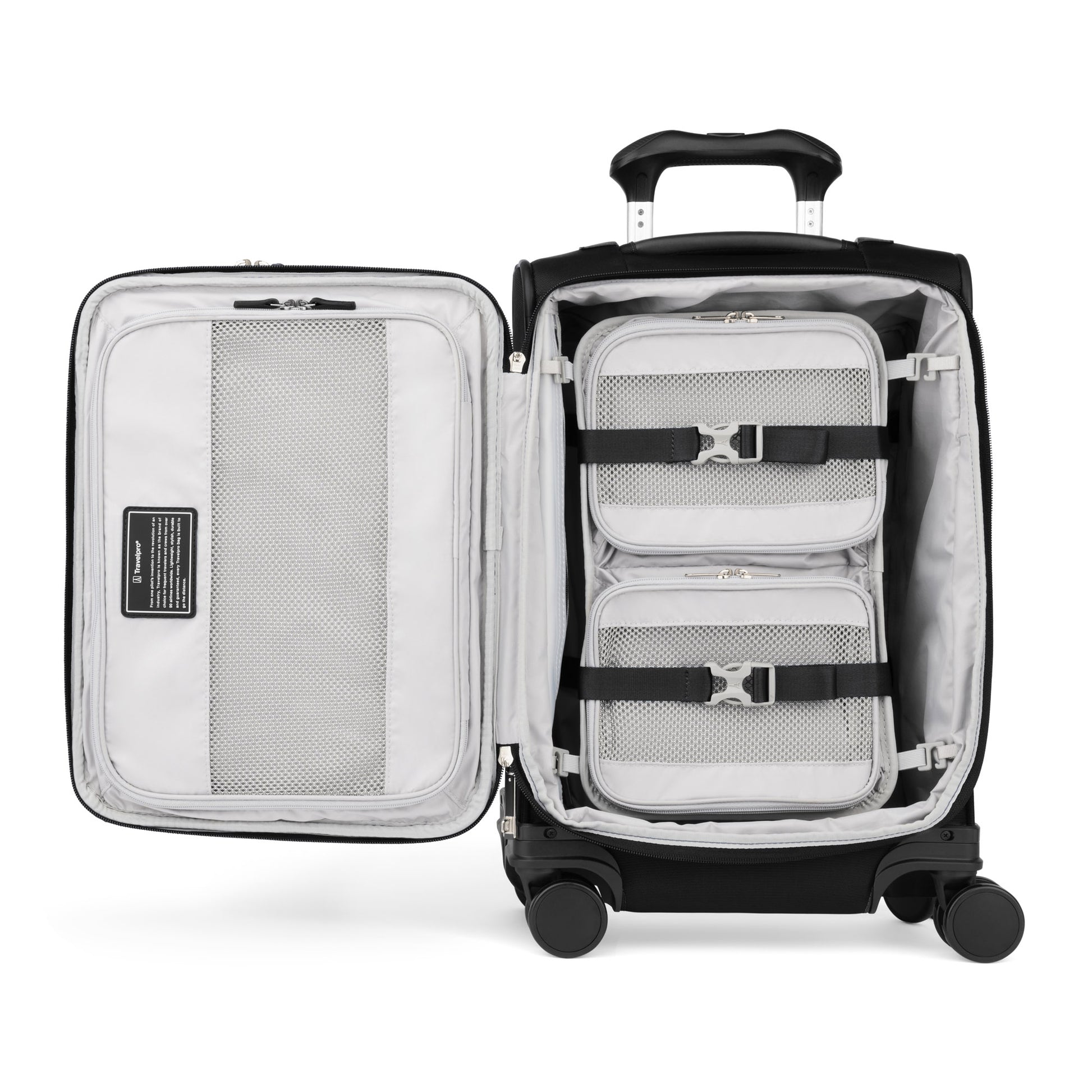 Pack easily with Travelpro® VersaPack®+ Compact Carry-on Spinner—organizer and mesh pockets maximize space.