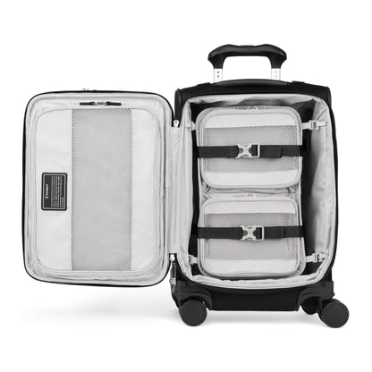 Pack easily with Travelpro® VersaPack®+ Compact Carry-on Spinner—organizer and mesh pockets maximize space.