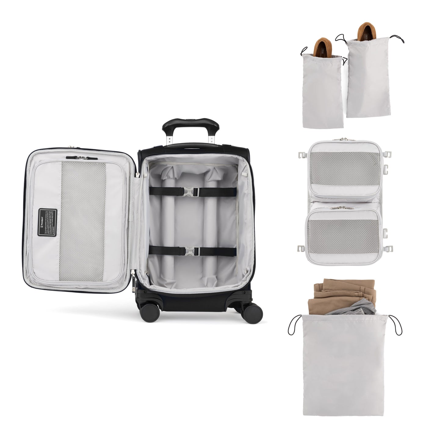 Travelpro VersaPack+ Carry-on Spinner with mesh pockets, interior straps, and packing cube for organization.