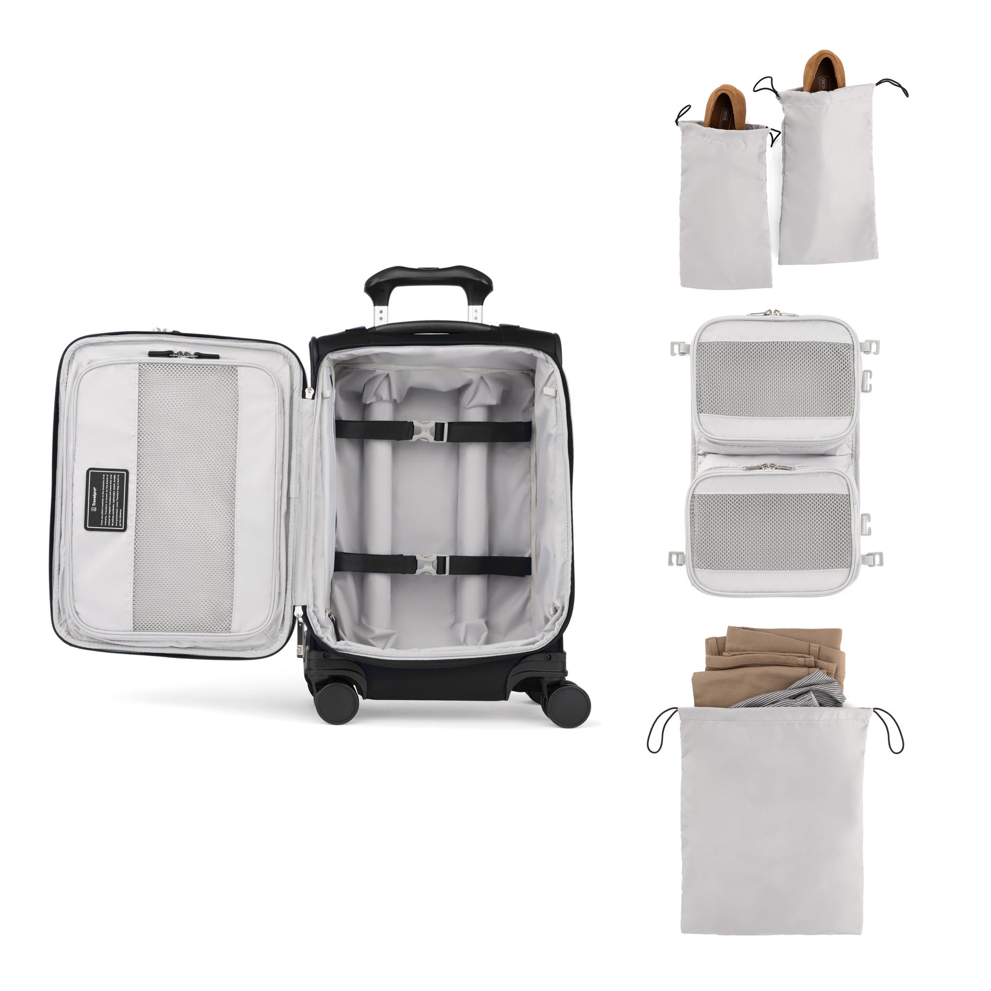 Travelpro VersaPack+ Carry-on Spinner with mesh pockets, interior straps, and packing cube for organization.