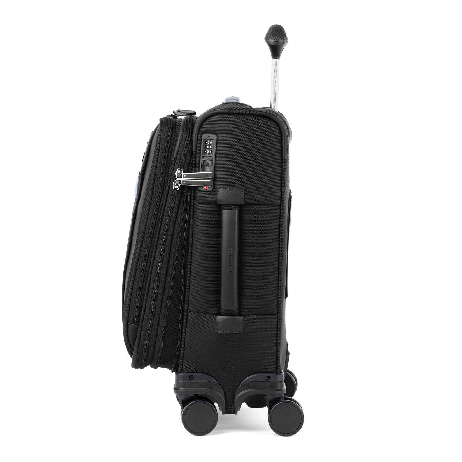 Travelpro VersaPack+ Compact Carry-on Expandable Spinner shown from the side; features telescopic handle, lock.