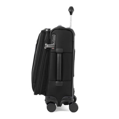 Travelpro VersaPack+ Compact Carry-on Expandable Spinner shown from the side; features telescopic handle, lock.