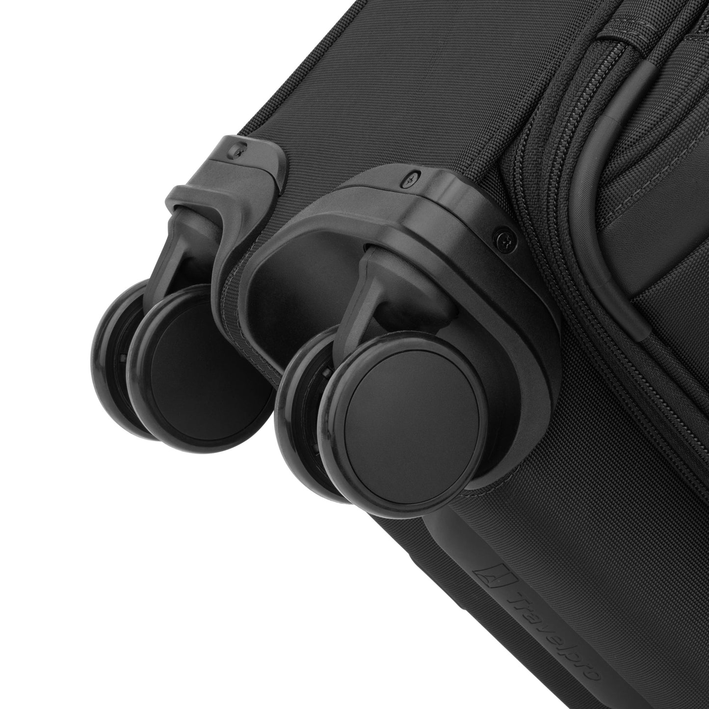 Close-up of two black spinner wheels on the Travelpro® VersaPack®+ Compact Carry-on Expandable Spinner.