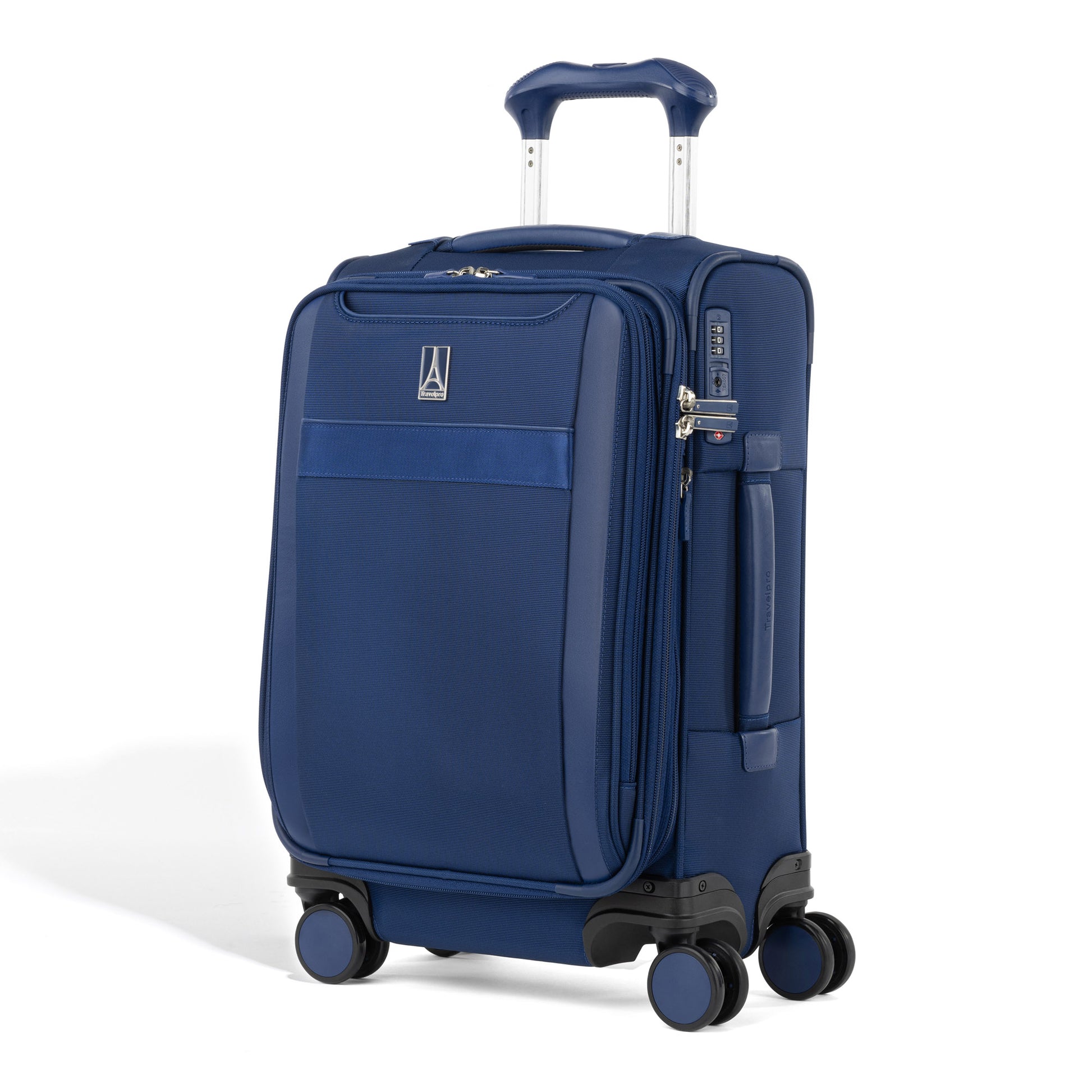 The Travelpro VersaPack+ Compact Carry-on Spinner features four wheels and a telescopic handle, blue color.
