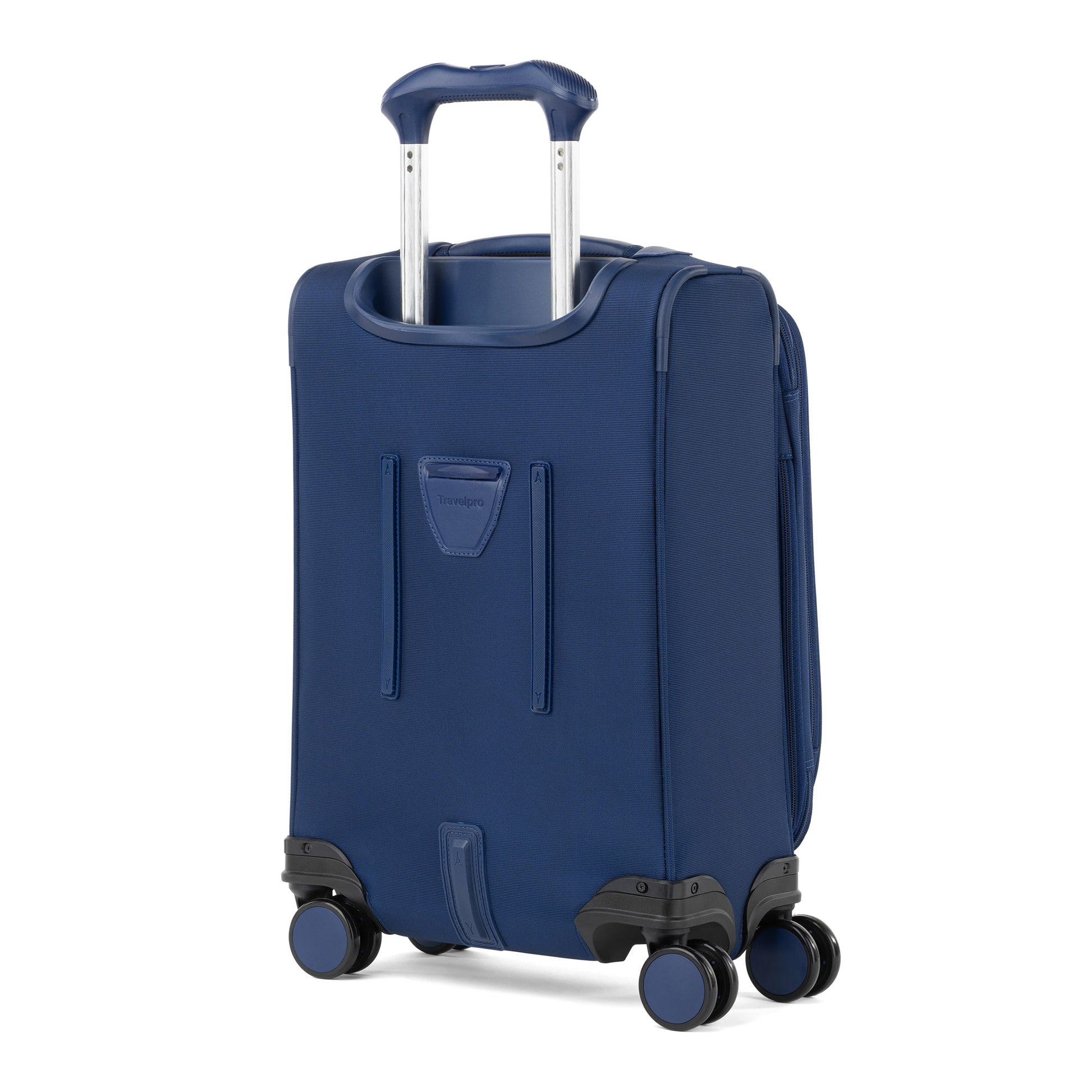 Travelpro® VersaPack®+ Compact Carry-on Spinner: four wheels, extended handle, durable fabric exterior.