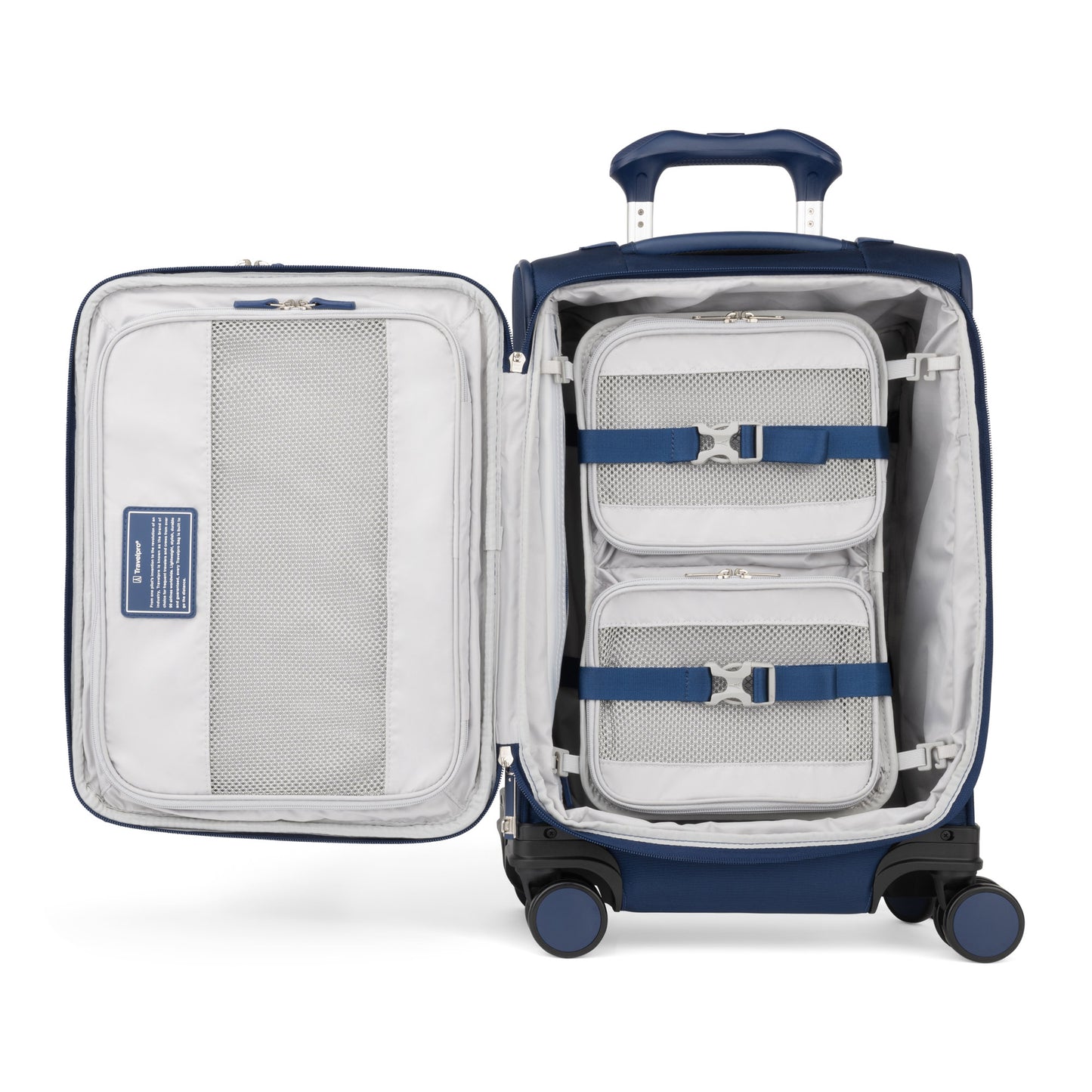Open Travelpro VersaPack+ Compact Carry-on Spinner with packing cube, straps, and mesh pockets inside the lid.