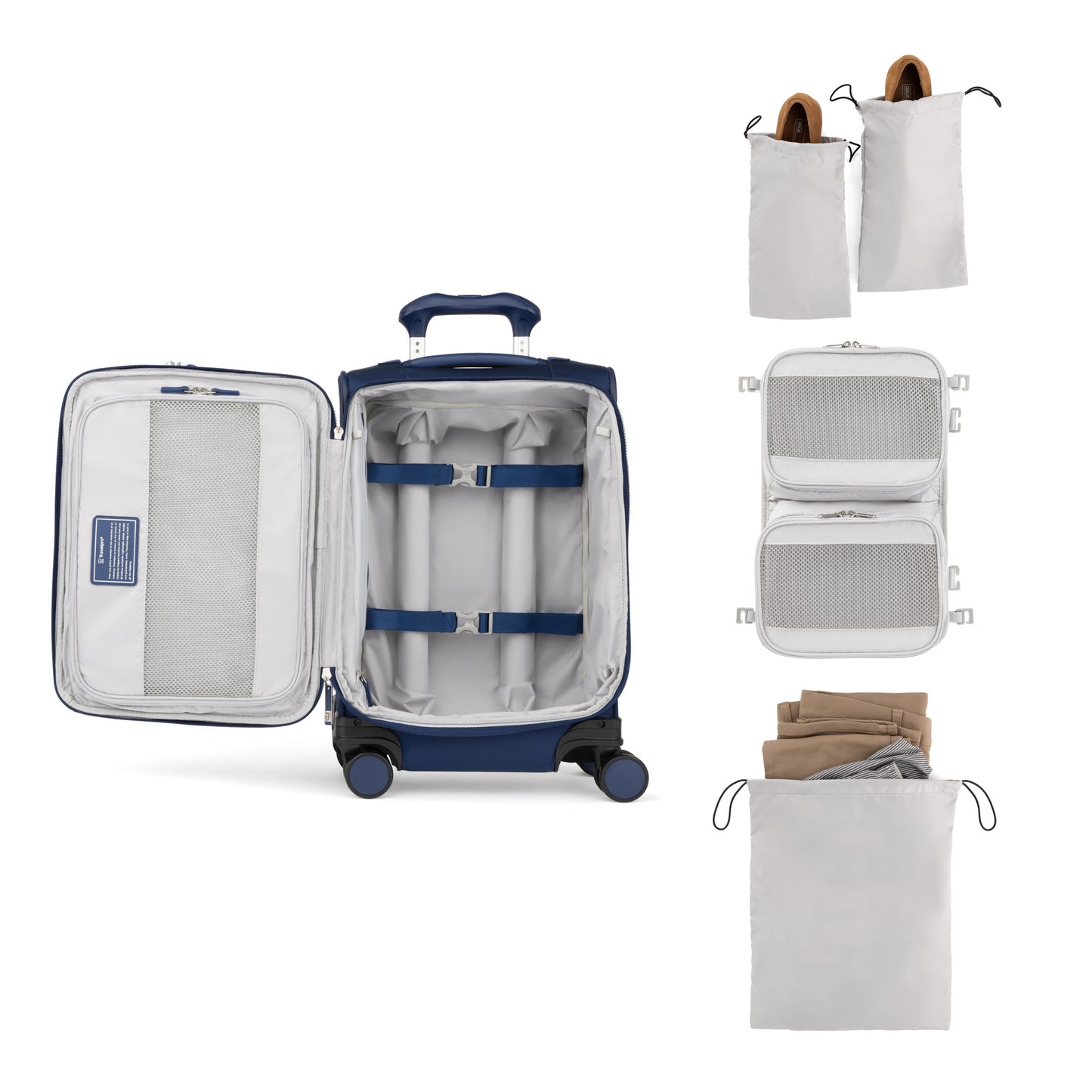 Travelpro® VersaPack®+ Compact Carry-on Spinner features an organized interior with cubes and mesh pouches.