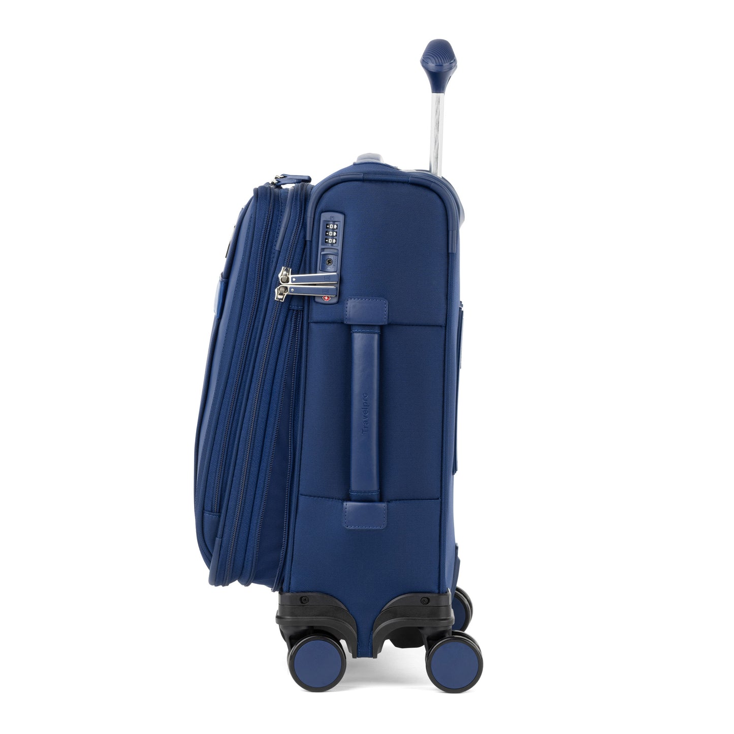 Travelpro VersaPack+ compact carry-on spinner with extended handle and lock, shown in navy blue, side view.
