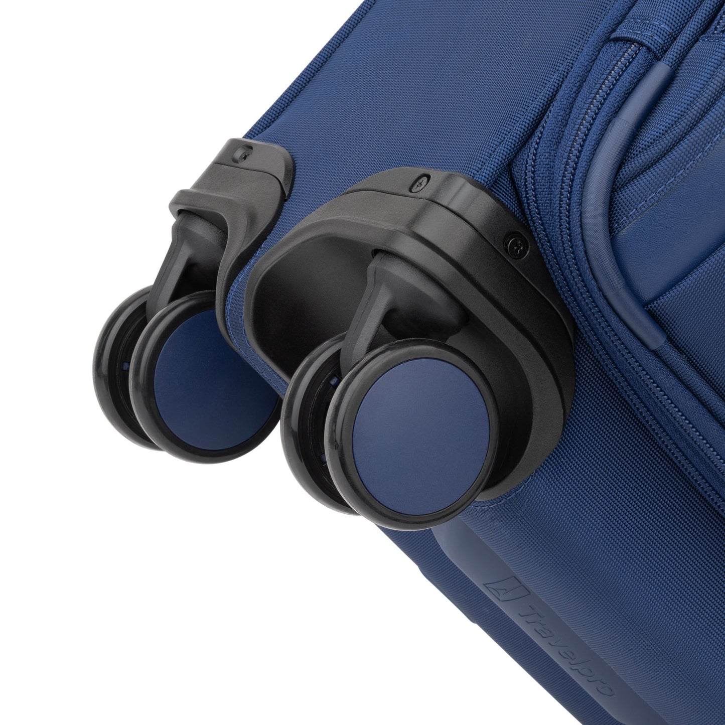 Close-up of dual spinner wheels on the Travelpro® VersaPack®+ Compact Carry-on Expandable Spinner.