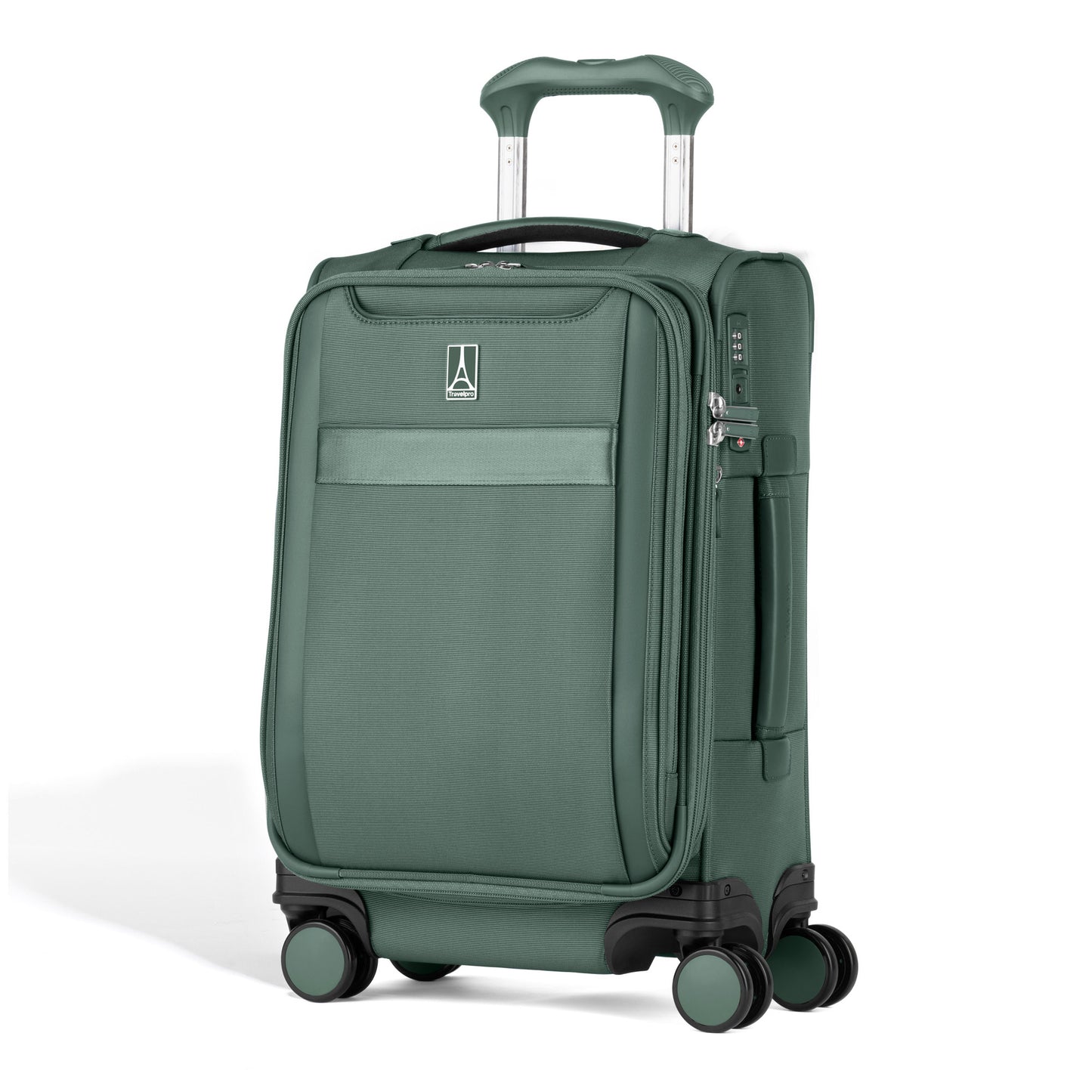 The Travelpro® VersaPack®+ Compact Carry-on Spinner with 4 wheels and zip pocket is shown on a white background.