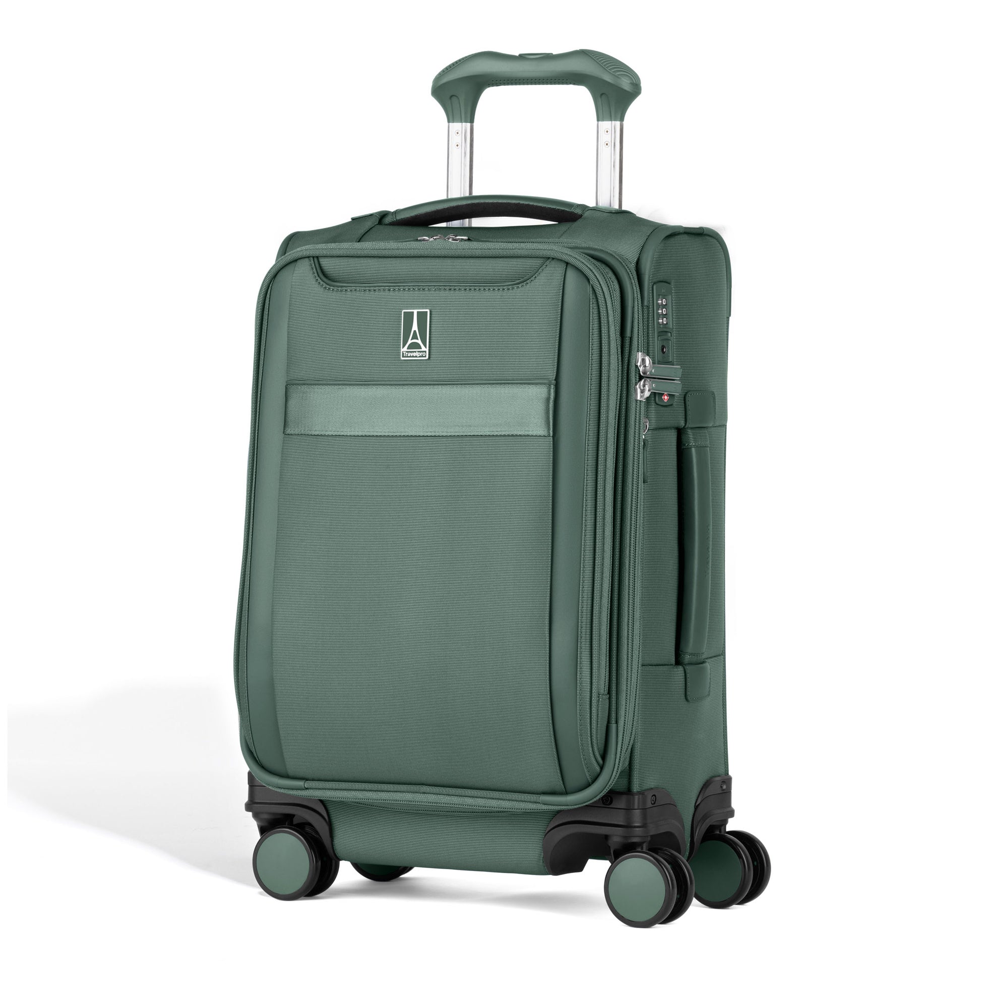 The Travelpro® VersaPack®+ Compact Carry-on Spinner with 4 wheels and zip pocket is shown on a white background.