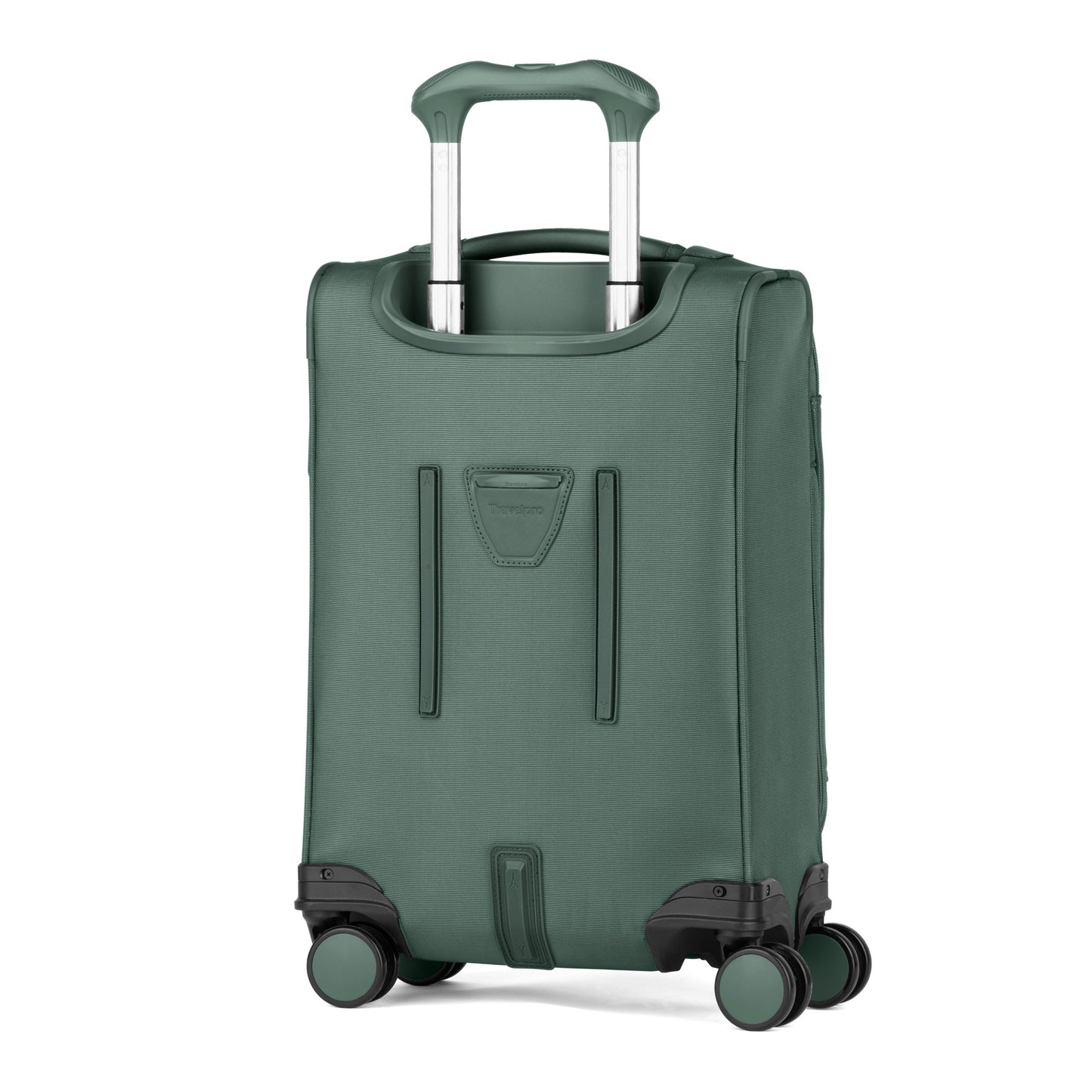 The Travelpro® VersaPack®+ Compact Carry-on Spinner is an expandable green suitcase with four wheels and a telescoping handle.