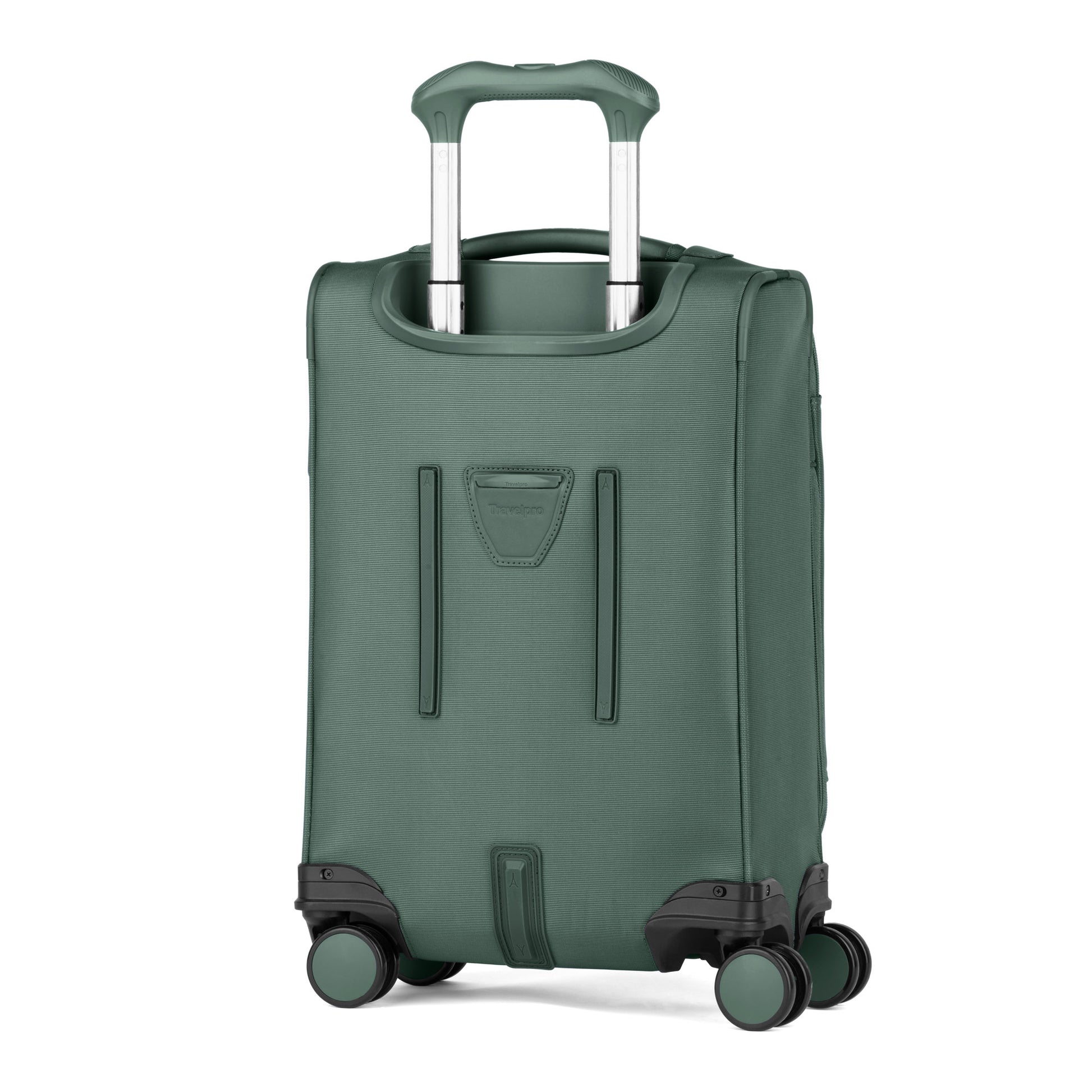 The Travelpro® VersaPack®+ Compact Carry-on Spinner is an expandable green suitcase with four wheels and a telescoping handle.