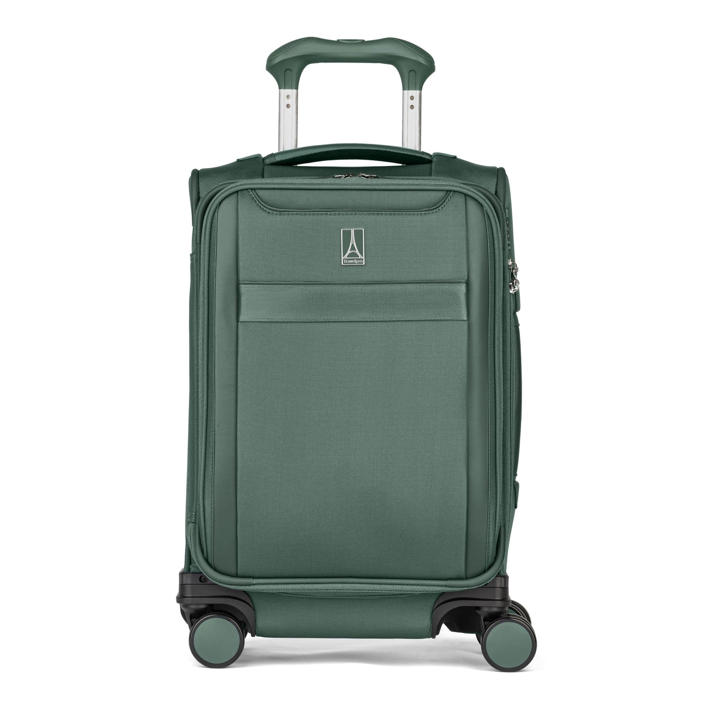 Travelpro® VersaPack®+ Compact Carry-on Spinner with 4 wheels, front pocket & telescoping handle, white bg.