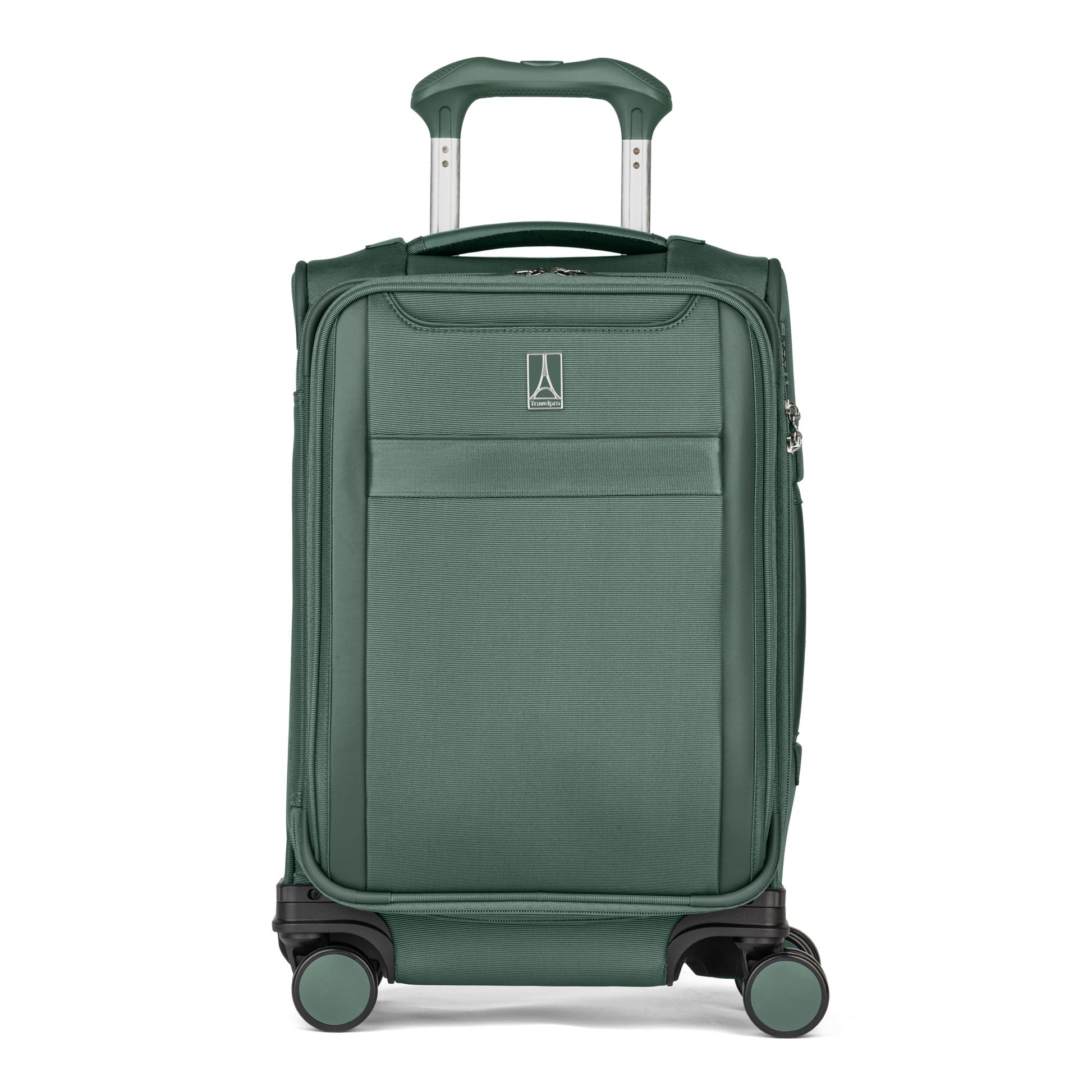 Travelpro® VersaPack®+ Compact Carry-on Spinner with 4 wheels, front pocket & telescoping handle, white bg.