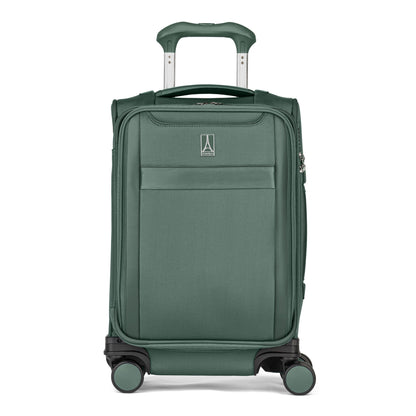 Travelpro® VersaPack®+ Compact Carry-on Spinner with 4 wheels, front pocket & telescoping handle, white bg.