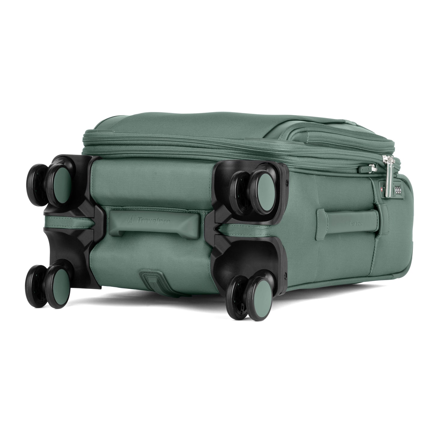 The Travelpro VersaPack+ Compact Carry-on Spinner features double wheels and a zippered pocket; green color.