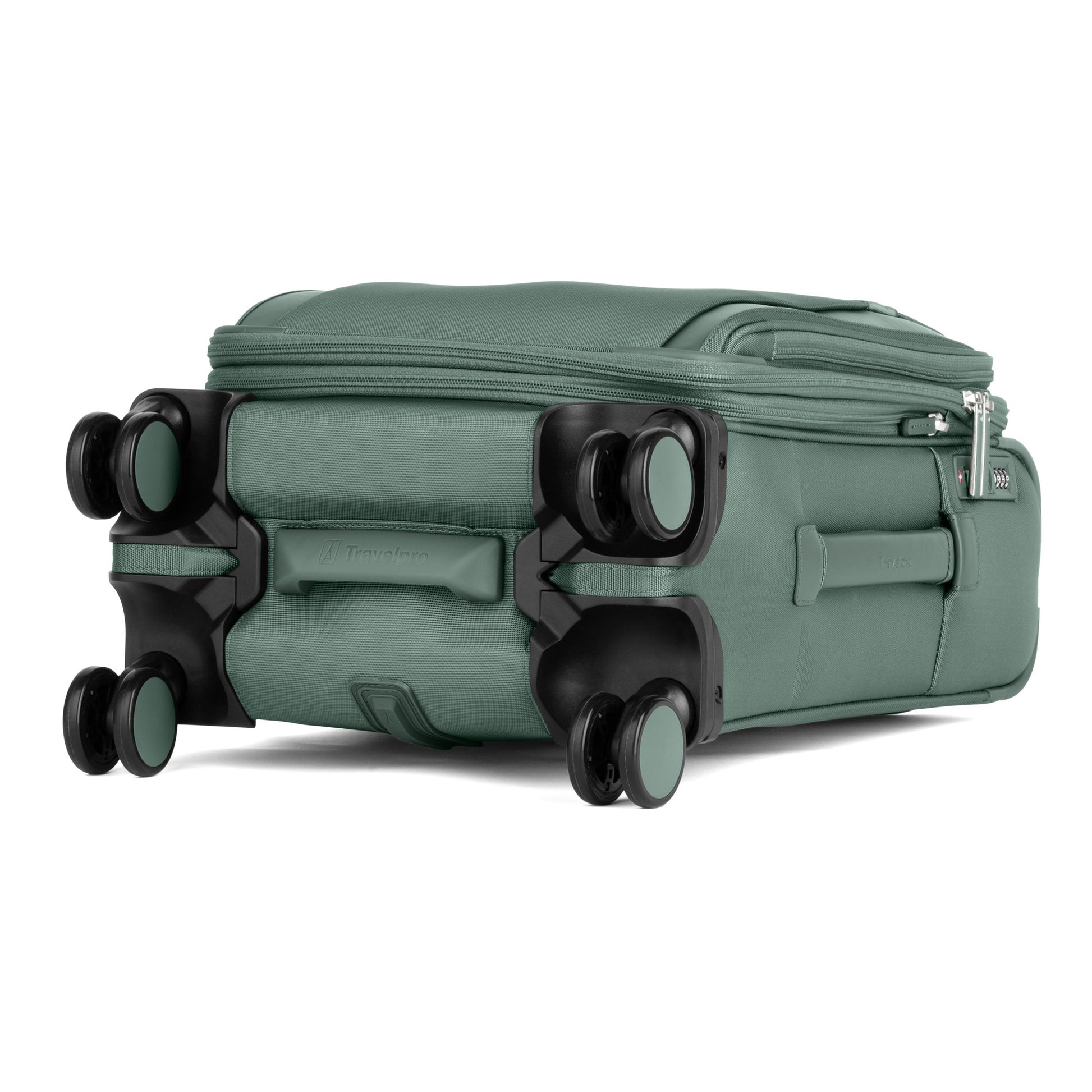 The Travelpro VersaPack+ Compact Carry-on Spinner features double wheels and a zippered pocket; green color.