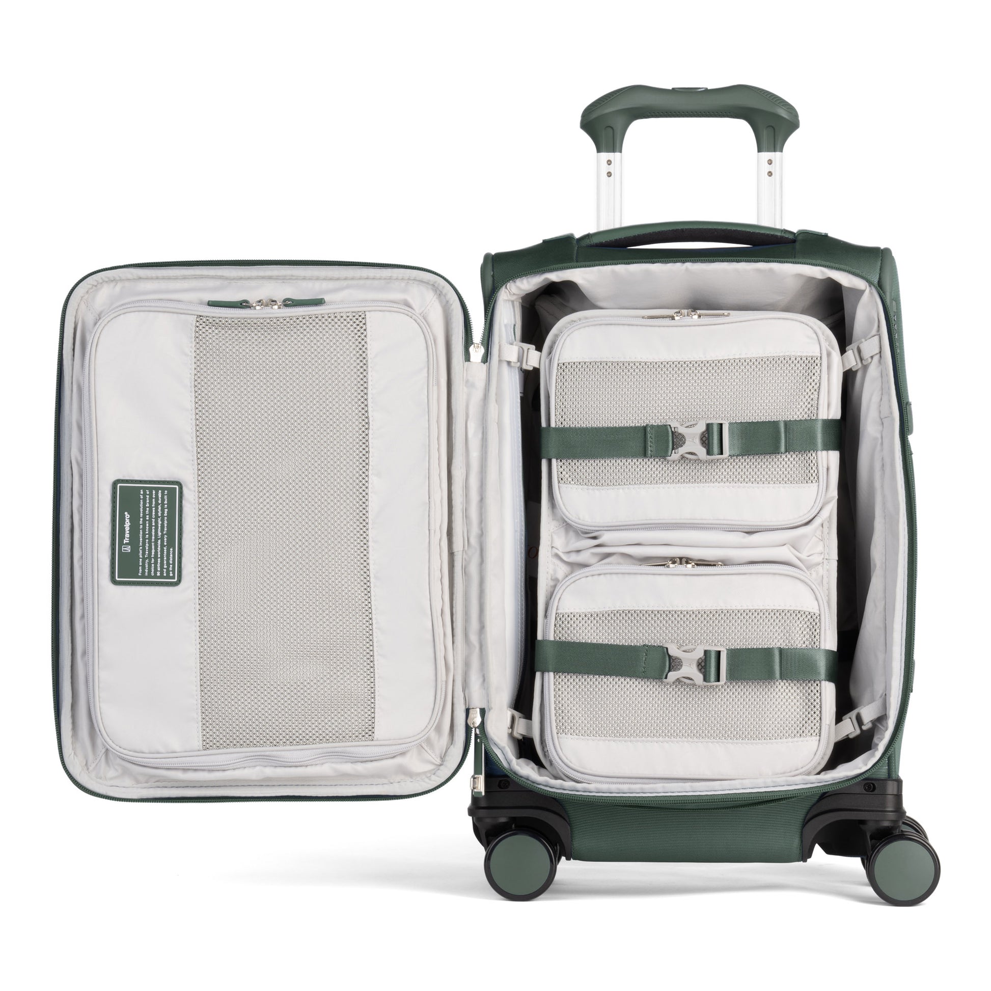 Travelpro VersaPack+ Compact Carry-on Spinner with organizer cubes and mesh lid pockets for secure packing.