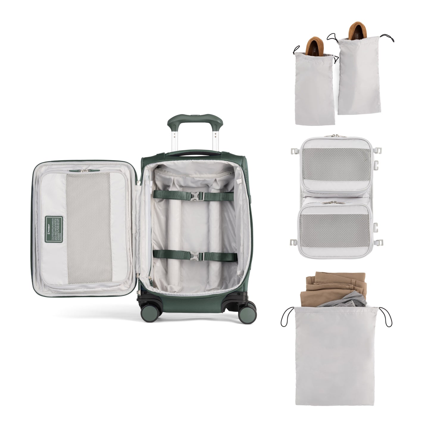 Travelpro VersaPack+ Compact Carry-on Spinner in green, with packing cubes, shoe bags, and compartments.